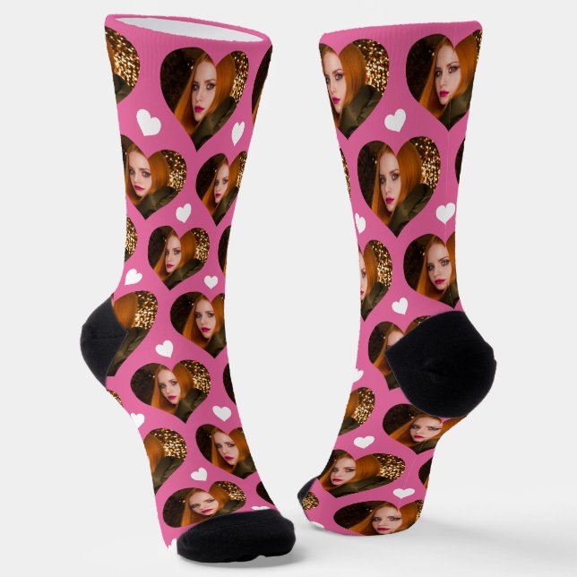 Personalisierte Ehefrau Foto Herzstück Liebe Rosa Socken (Gewinkelt)
