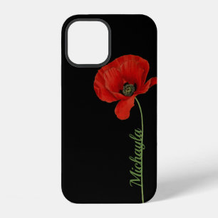 Personalisierte einfache rote Mohnblume auf Schwar iPhone 12 Hülle