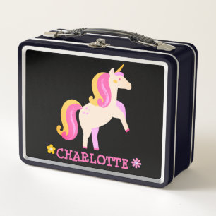 Personalisierte Einhorn-Blumen Rosa Metall Brotdose