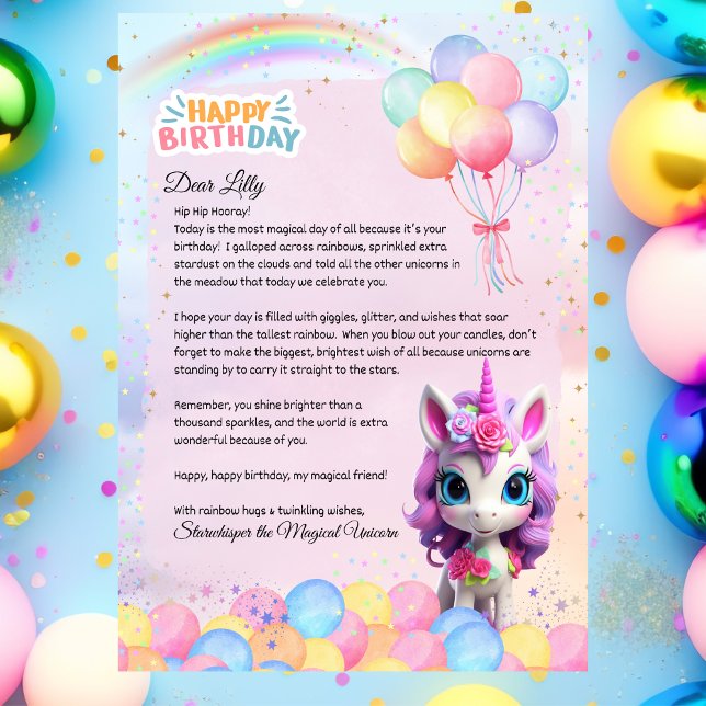 Personalisierte Einhorn-Geburtstagsbrief Magische  Einladung (Magical Pastel Rainbow Unicorn Birthday Letter — Cute Whimsical Gift Note)