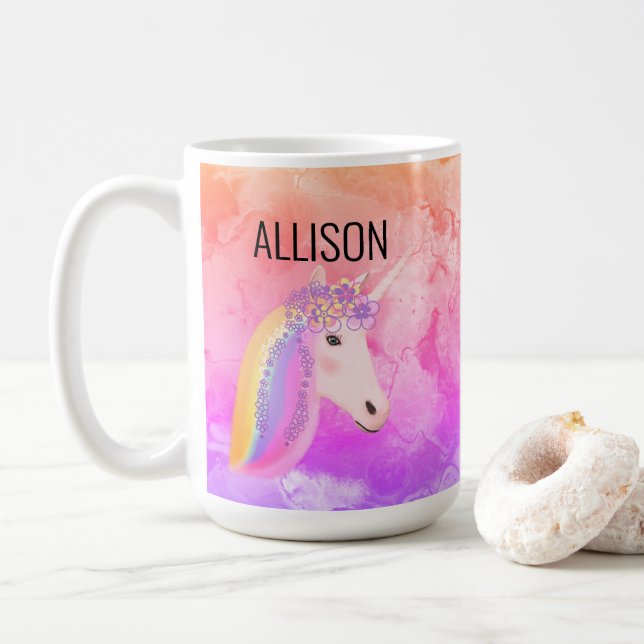 Personalisierte Einhorn Regenbogen-Farbige heiße K Kaffeetasse (Mit Donut)