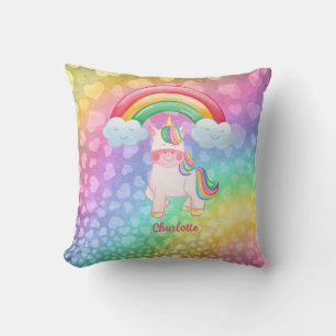 Personalisierte Einhorn-Regenbogenherzen Kissen