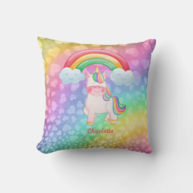 Personalisierte Einhorn-Regenbogenherzen Kissen (Vorderseite)