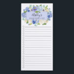 Personalisierte Einkaufsliste für blaue Wasserfarb Magnetischer Notizblock<br><div class="desc">Markieren Sie das Markthoppinglistendesign mit einem Aquarellrahmen in Blau und Weiß,  der mit Ihrem Namen personalisiert ist.</div>