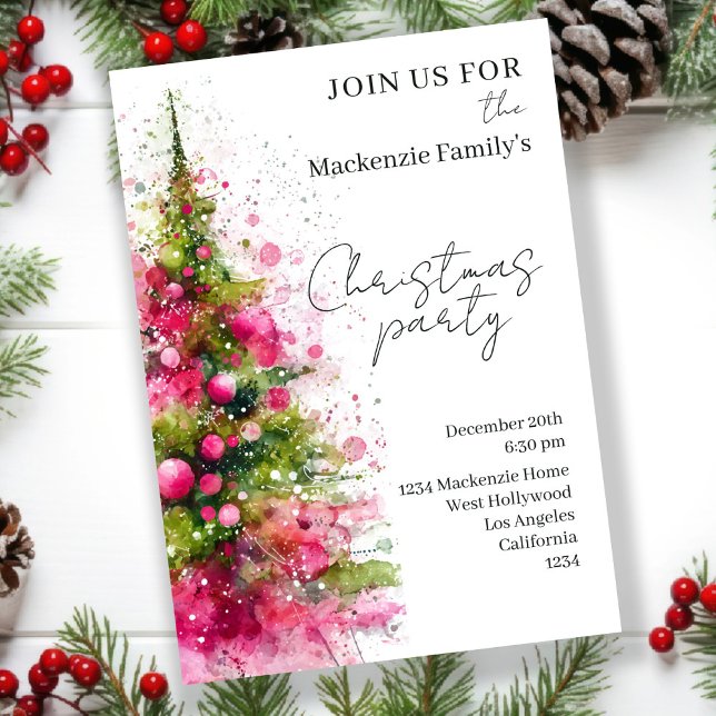 Personalisierte Einladung zur Pink Christmas Tree  (Pink Christmas Tree Party Personalized Invitations by Ricaso. Bold Pink Modern and Stylish invites)