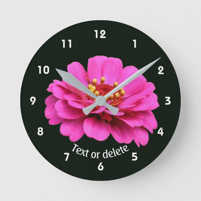 Personalisierte einzelne rosa Zinnienblüte Runde Wanduhr (Vorderseite)