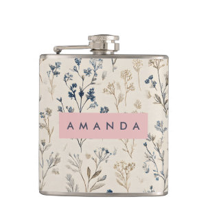 Personalisierte Elegant Blue & Beige Wildblume Flachmann