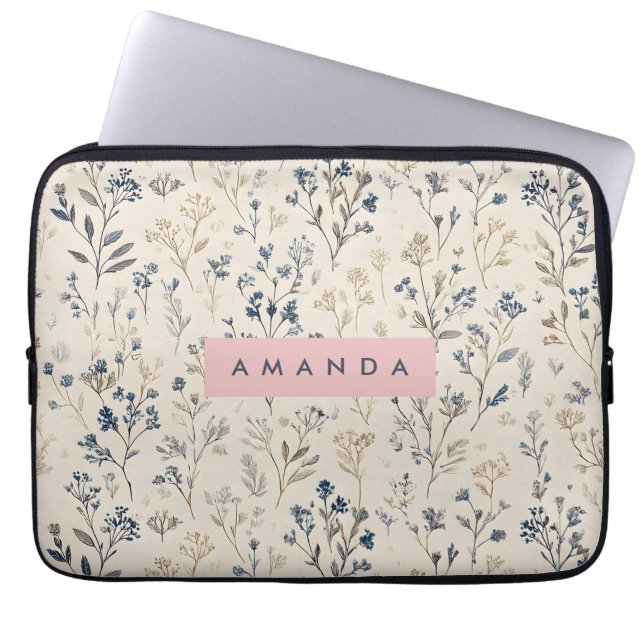 Personalisierte Elegant Blue & Beige Wildblume Laptopschutzhülle (Vorderseite)