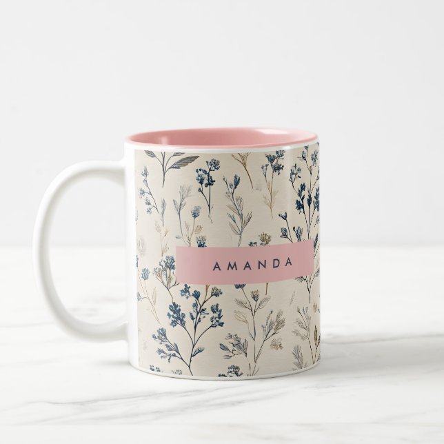 Personalisierte Elegant Blue & Beige Wildblume Zweifarbige Tasse (Links)