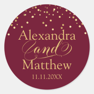 Personalisierte Elegant Burgundy Gold Wedding Clas Runder Aufkleber