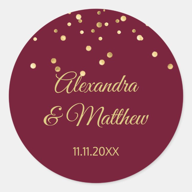 Personalisierte Elegant Burgundy Gold Wedding Runder Aufkleber (Vorderseite)