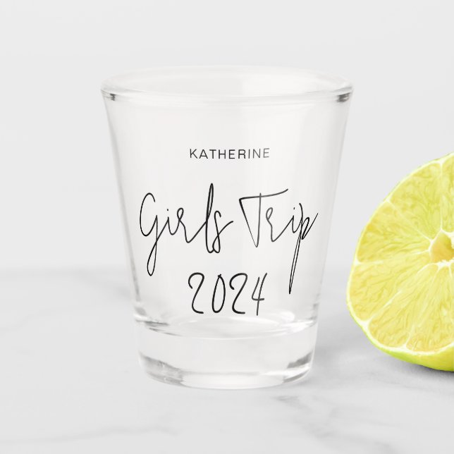 Personalisierte Elegant Girls Trip Script Typograf Schnapsglas (Vorderseite)