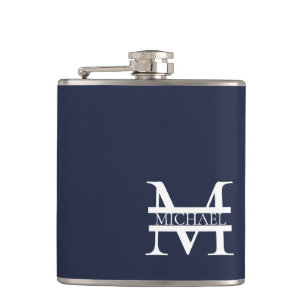 Personalisierte Elegant Navy Blue Monogram und Nam Flachmann