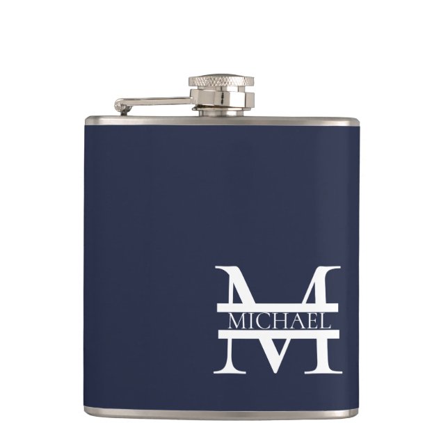 Personalisierte Elegant Navy Blue Monogram und Nam Flachmann (Vorderseite)