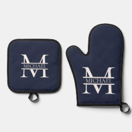 Personalisierte Elegant Navy Blue Monogram und Nam Ofenhandschuh & Topflappen-Set