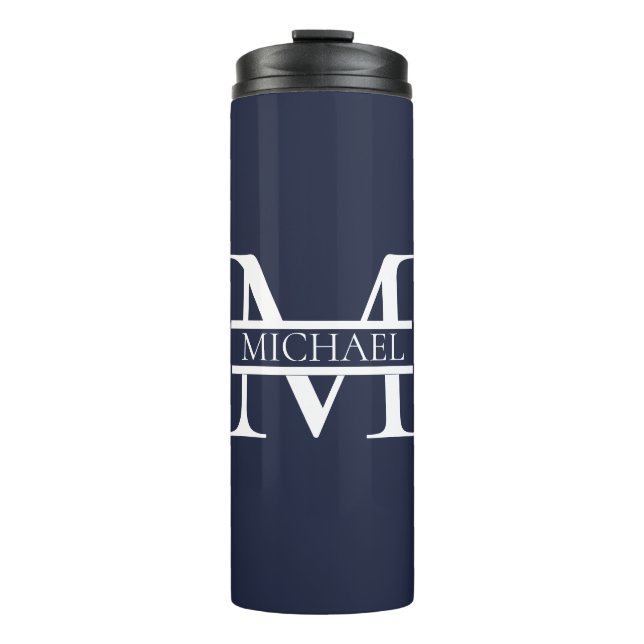 Personalisierte Elegant Navy Blue Monogram und Nam Thermosbecher (Vorderseite)