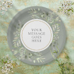 Personalisierte Elegant Sage Green Pappteller<br><div class="desc">Diese schicke botanische Papiertafel mit zarten,  weichen Aquarellfarben-Blätter auf schlauem,  grünem Hintergrund kann mit Ihrem besonderen Set in elegantem Text personalisiert werden. Ideal für Hochzeiten,  Brautpartys,  Babyduschen,  Taufe,  Verlobungsfeiern,  Jubiläumsfeiern und Geburtstagsfeiern. Entwickelt von Thisisnotme©</div>