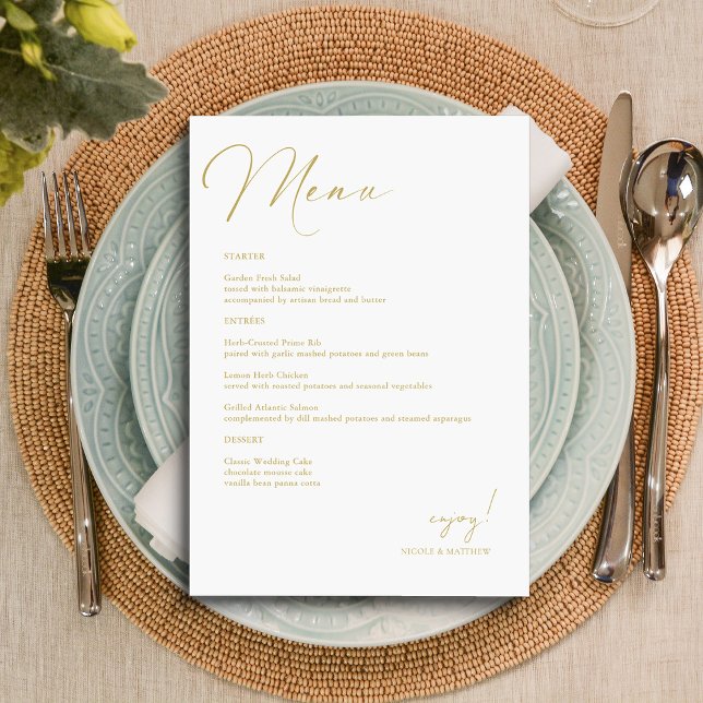 Personalisierte, elegante Goldhandbriefe Menükarte (Personalized Elegant Gold Hand Lettered Wedding Menu)