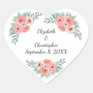 Personalisierte elegante rosa und grüne Floral Herz-Aufkleber