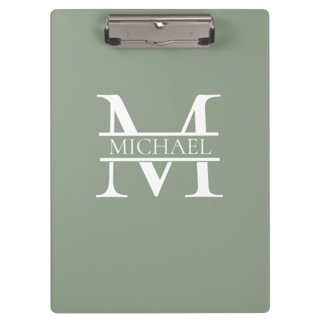 Personalisierte elegante Sage Green Monogram & Nam Klemmbrett (Vorderseite)