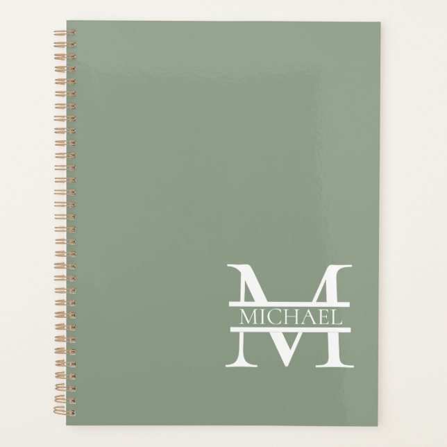 Personalisierte elegante Sage Green Monogram & Nam Planer (Vorderseite)
