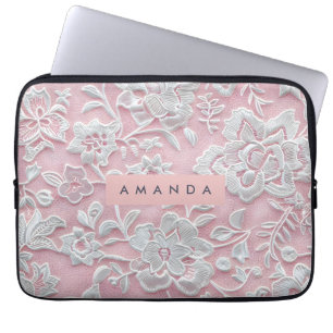 Personalisierte Elegante Sanfte Rosa Spitze Blume Laptopschutzhülle