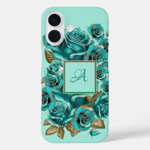 Personalisierte elegante Vintage-Teal-Rose iPhone 16 Hülle