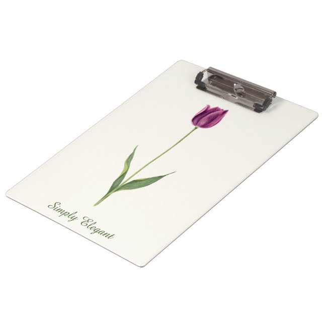 Personalisierte elegante violette Tulpe Klemmbrett (Schrägansicht)