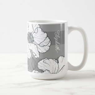 Personalisierte elegante weiße Blumen auf Grau  Kaffeetasse