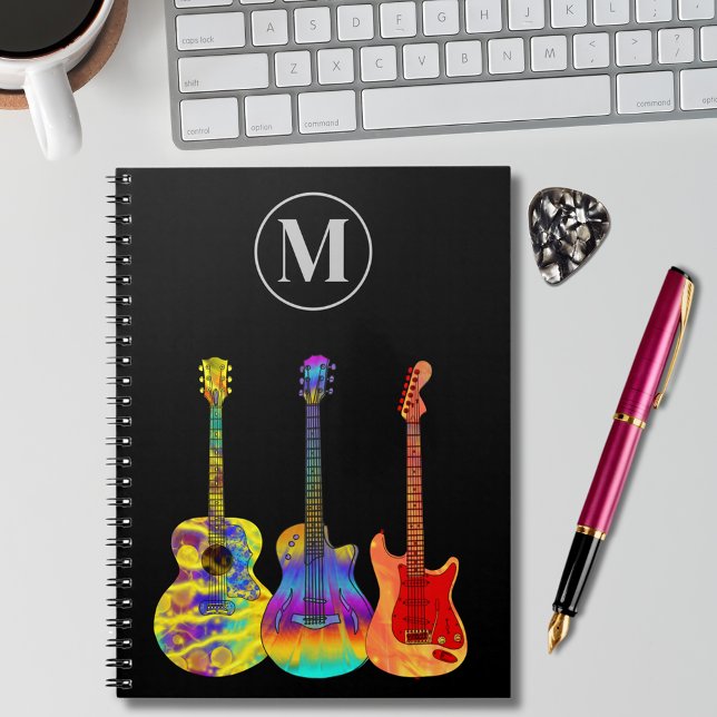 Personalisierte elektrische Gitarren Notizblock (Funky colorful guitars o black custom monogram initial notebook for songwriting guitarist musicians)