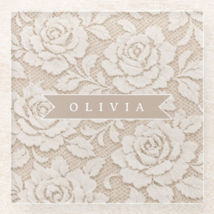 Personalisierte Elfenbein-Spitze Brautkleid Elegan Glasuntersetzer