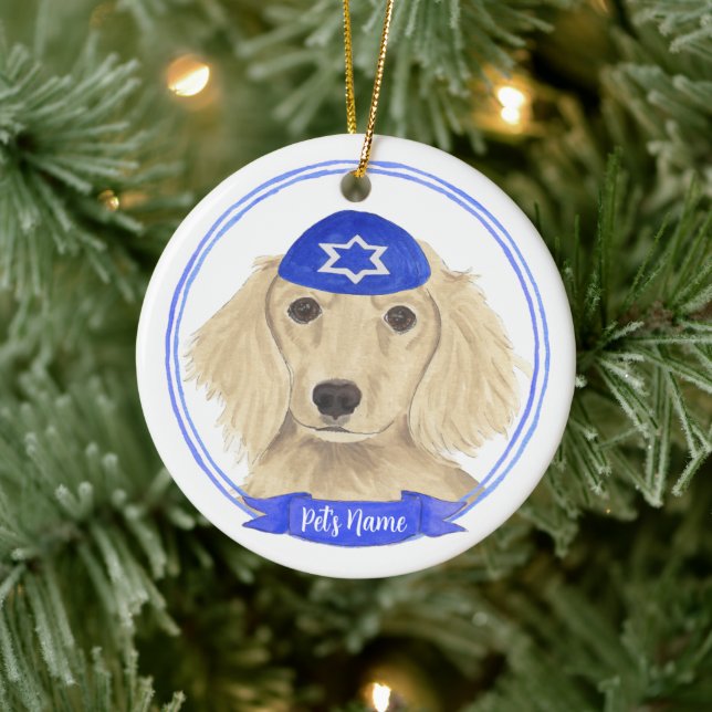 Personalisierte englische Creme Dackel Dog Hanukka Keramik Ornament (Baum)
