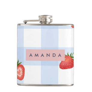Personalisierte Erdbeere & Blue Gingham Pattern Flachmann