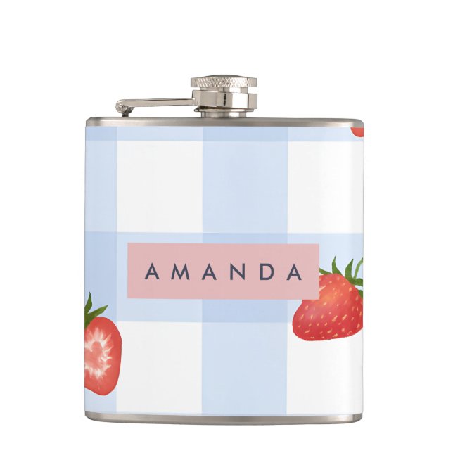 Personalisierte Erdbeere & Blue Gingham Pattern Flachmann (Vorderseite)