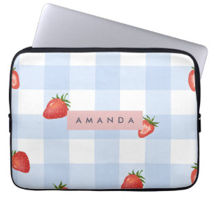 Personalisierte Erdbeere & Blue Gingham Pattern Laptopschutzhülle