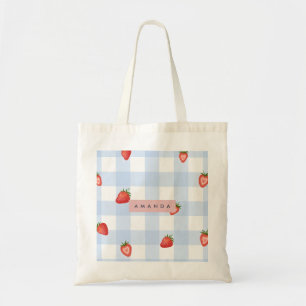 Personalisierte Erdbeere & Blue Gingham Pattern Tragetasche