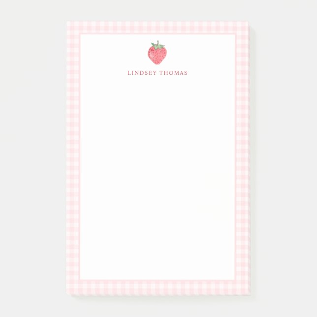 Personalisierte Erdbeere Pink Gingham Rand Post-it Klebezettel (Vorderseite)