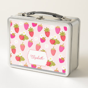 Personalisierte Erdbeere Süße Rosa Cottagecore Metall Brotdose