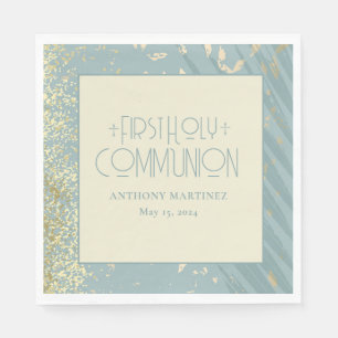 Personalisierte Erstkommunion Blau Gold Glitter Serviette