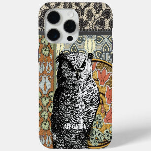 Personalisierte Eulen Art Nouveau Floral iPhone 15 Pro Max Hülle
