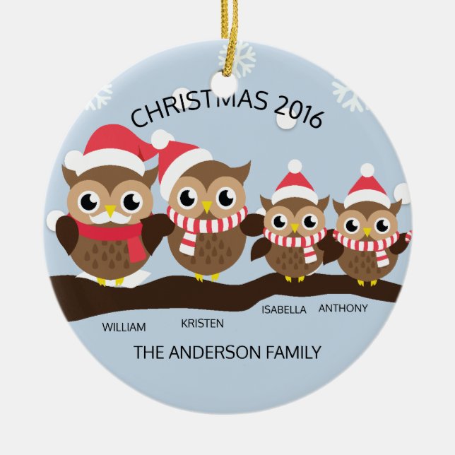 Personalisierte Eulen-Familie von Weihnachten 4 Keramikornament (Vorne)