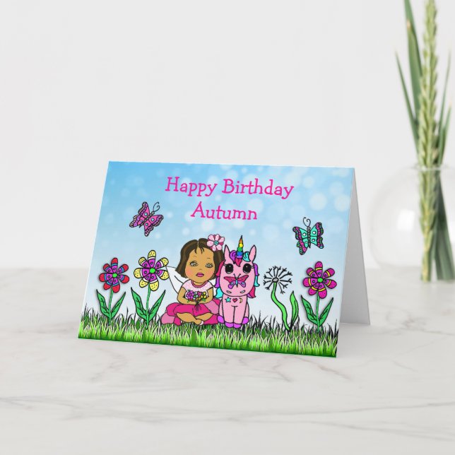 Personalisierte Fairy und Unicorn Happy Birthday Karte (Vorderseite)