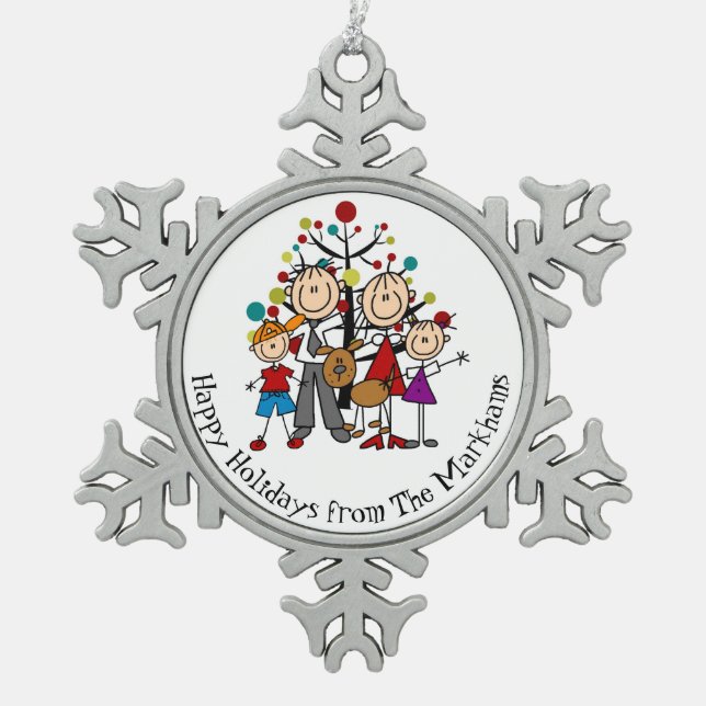 Personalisierte Familie mit Hundeschneeflocke Schneeflocken Zinn-Ornament (Vorderseite)