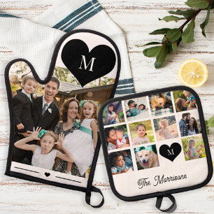 Personalisierte Familienfoto-Collage Name Monogram Ofenhandschuh & Topflappen-Set
