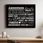 Personalisierte Familiennamen Positives Schwarz Künstlicher Leinwanddruck<br><div class="desc">Mit diesem personalisierten, schwarzen Leinwand-Druck schaffen Sie eine warme und einladende Atmosphäre in Ihrer Zuhause. Mit einem modernen Design mit herzzerwärmenden Familienregeln und Platz, um Ihren Familiennamen in weißem Text zu ergänzen, ist diese Wandkunst eine schöne Art, Ihre einzigartige Bindung zu feiern. Eine perfekte Ergänzung zu Ihrem Wohnzimmer, Ihrer Küche...</div>