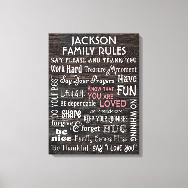 Personalisierte "Familienregeln" Leinwanddruck (Vorderseite)