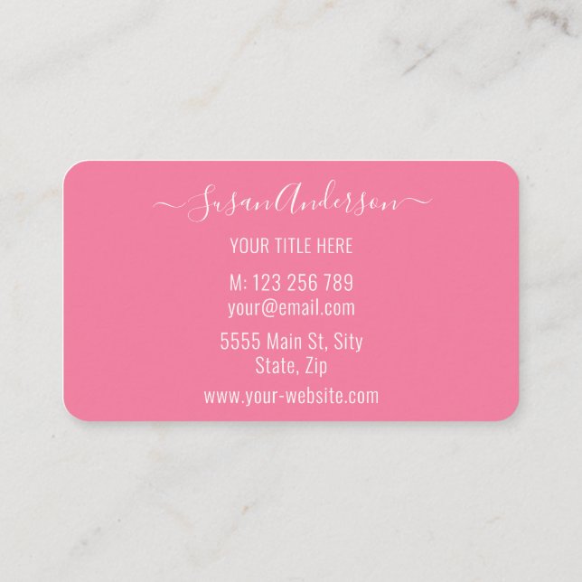 Personalisierte Farben und Schriftart Pink Busines Visitenkarte (Rückseite)