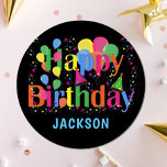 Personalisierte, farbenfrohe Balloons GLÜCKLICH GE Pappteller<br><div class="desc">Farbenfrohe Geburtstagsgratis-Einwegpapier-Teller. Balloons in verschiedenen lebhaften Farben mit Sternen,  Konfetti und Party Hüten. Schwarzer Hintergrund. Anpassen durch Hinzufügen von Text.</div>
