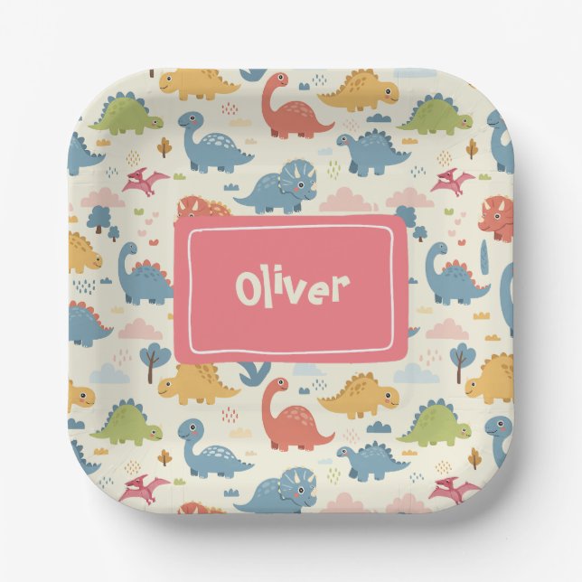 Personalisierte Farbenfrohe Dinosauriermuster Pappteller (Vorderseite)