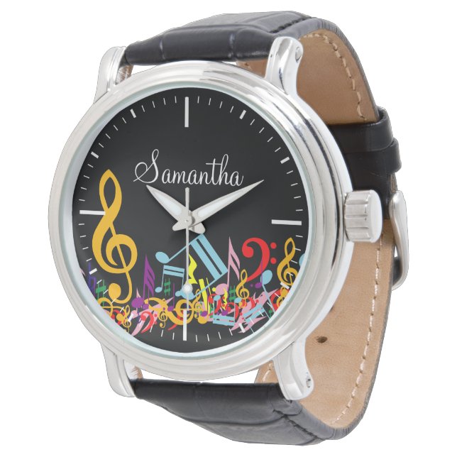 Personalisierte, farbenfrohe Jumbled-Musiknoten au Armbanduhr (Schrägansicht)